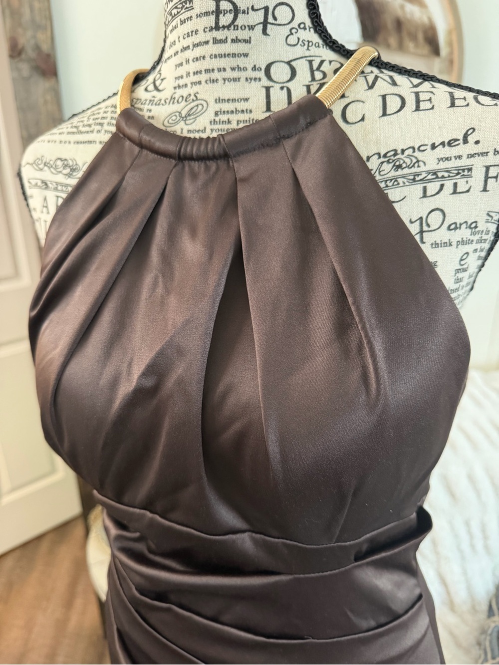 Eliza J Chocolate Brown Chain Strap Pleated Satin Cocktail Dress - Picture 10 of 10